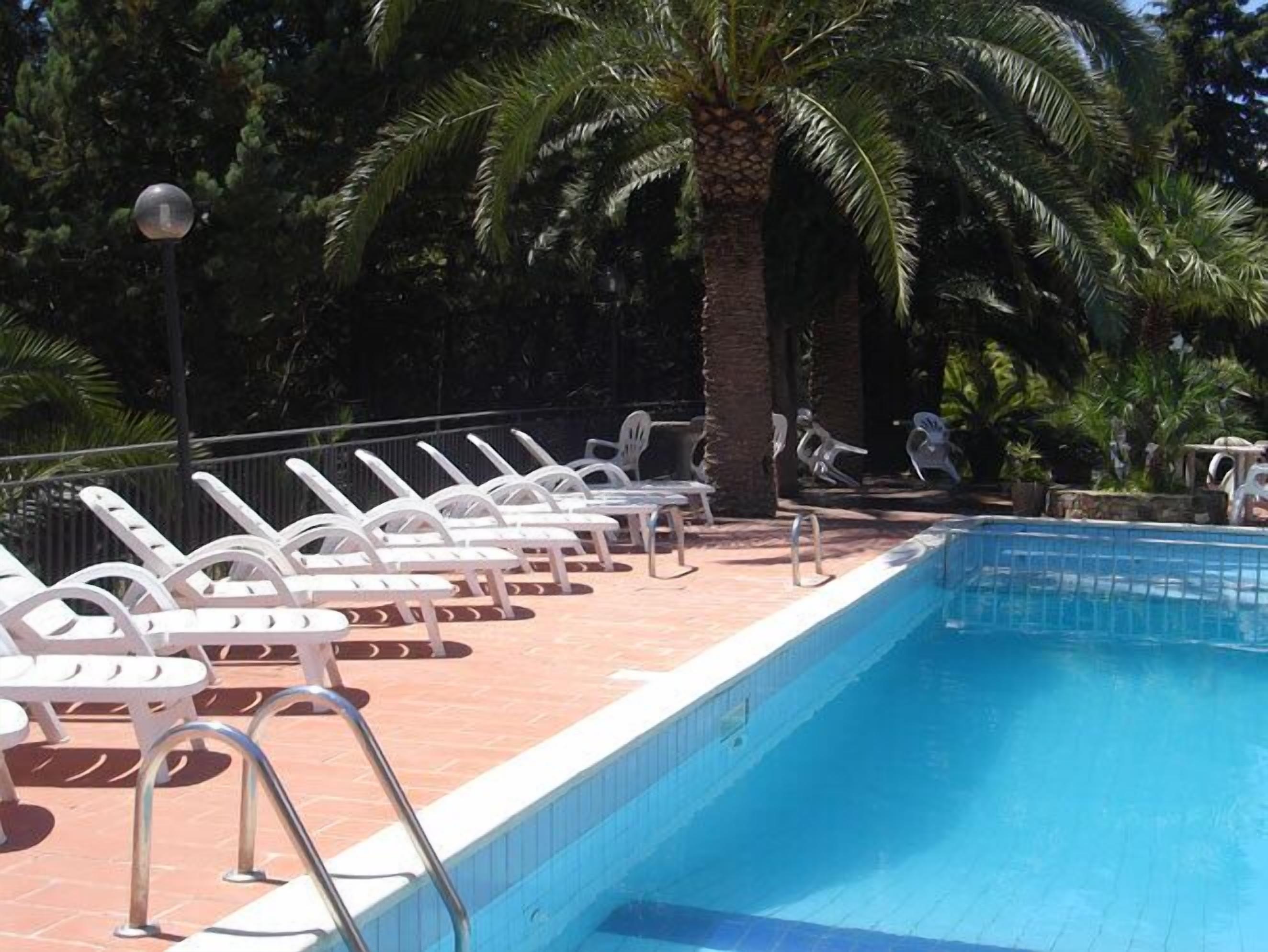 Ein Poolbereich mit Liegestühlen und einer Palme.