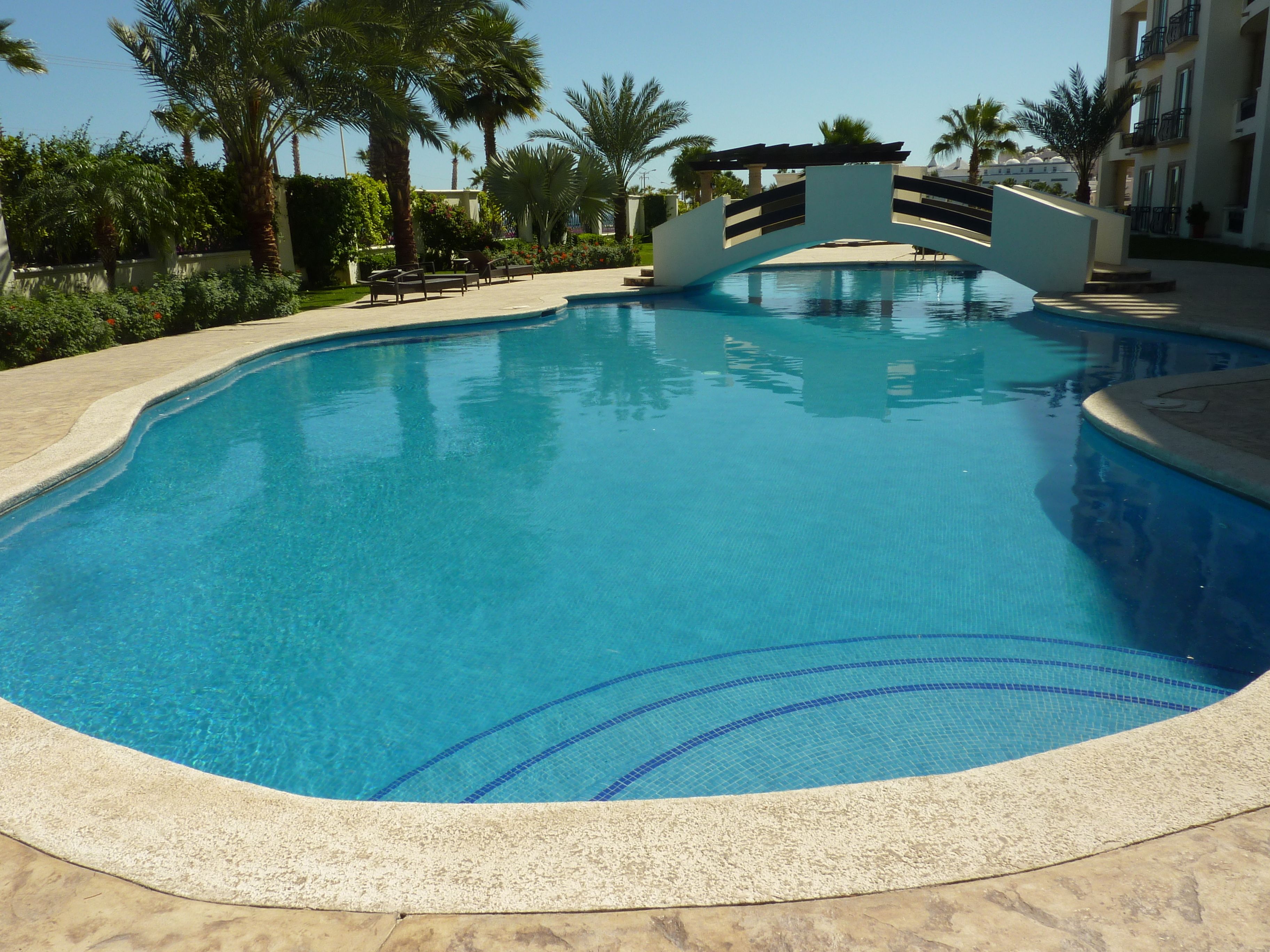 A swimming pool with a bridge, surrounded by palm trees and a building with balconies.