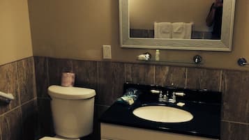 Une salle de bain avec des toilettes, un lavabo et un miroir.