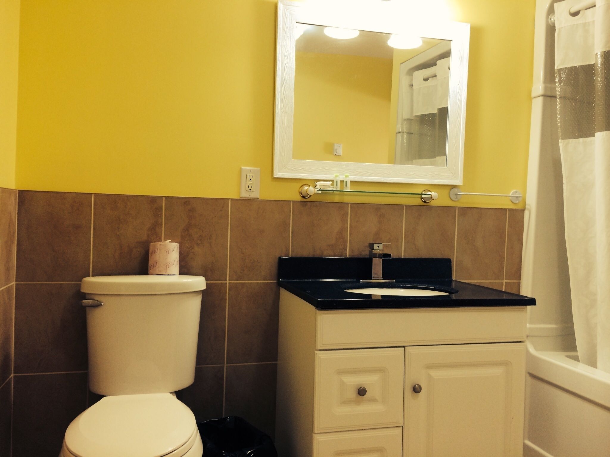 Un baño con inodoro, lavamanos y espejo.