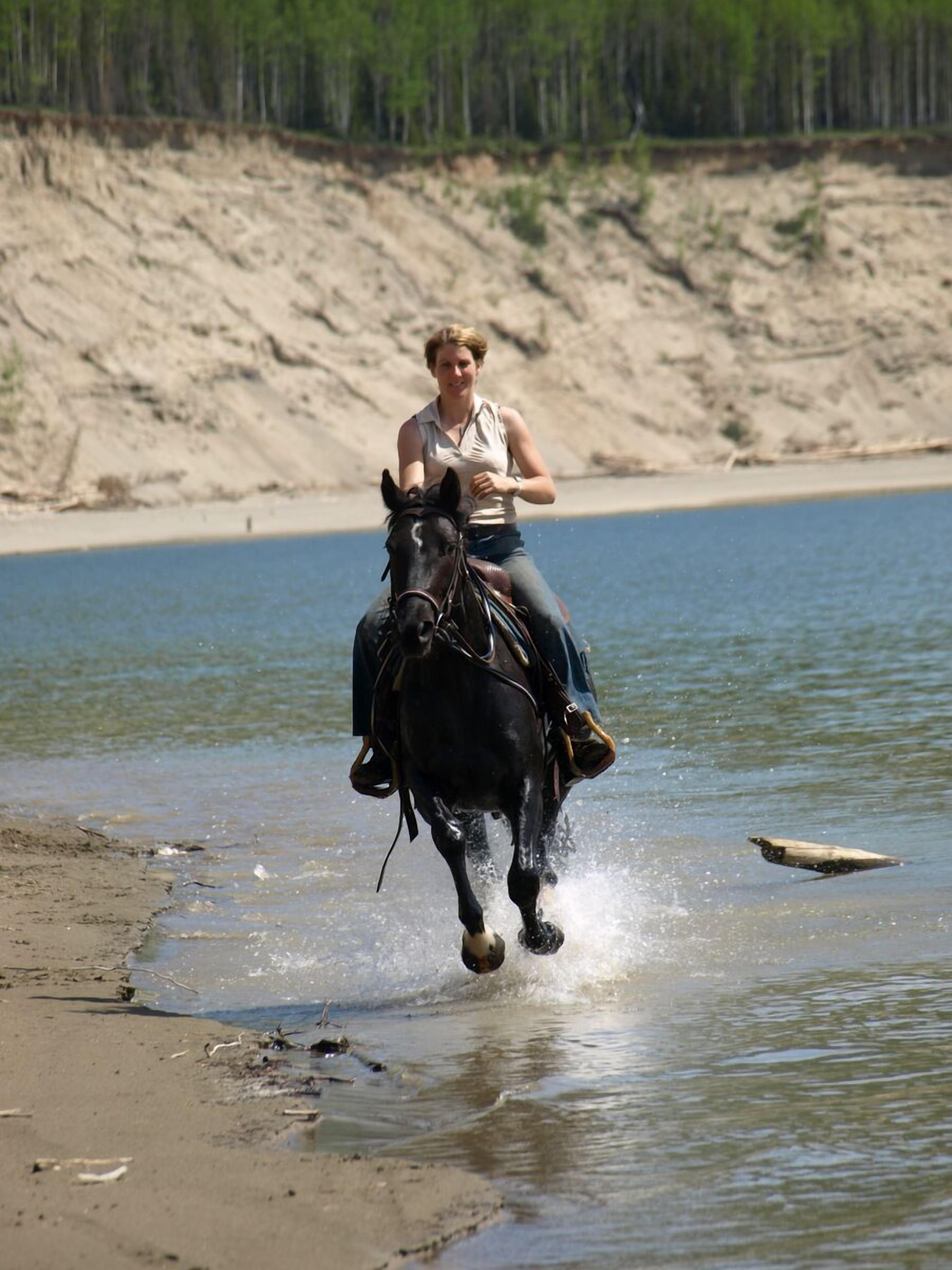 A person riding a horse along a beach with water and a sandy shore.