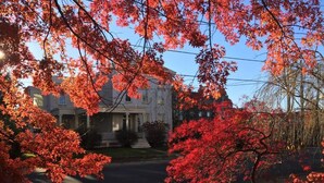A residential street with a house featuring a front porch and a driveway. - Hudson City Bed & Breakfast (Hudson)