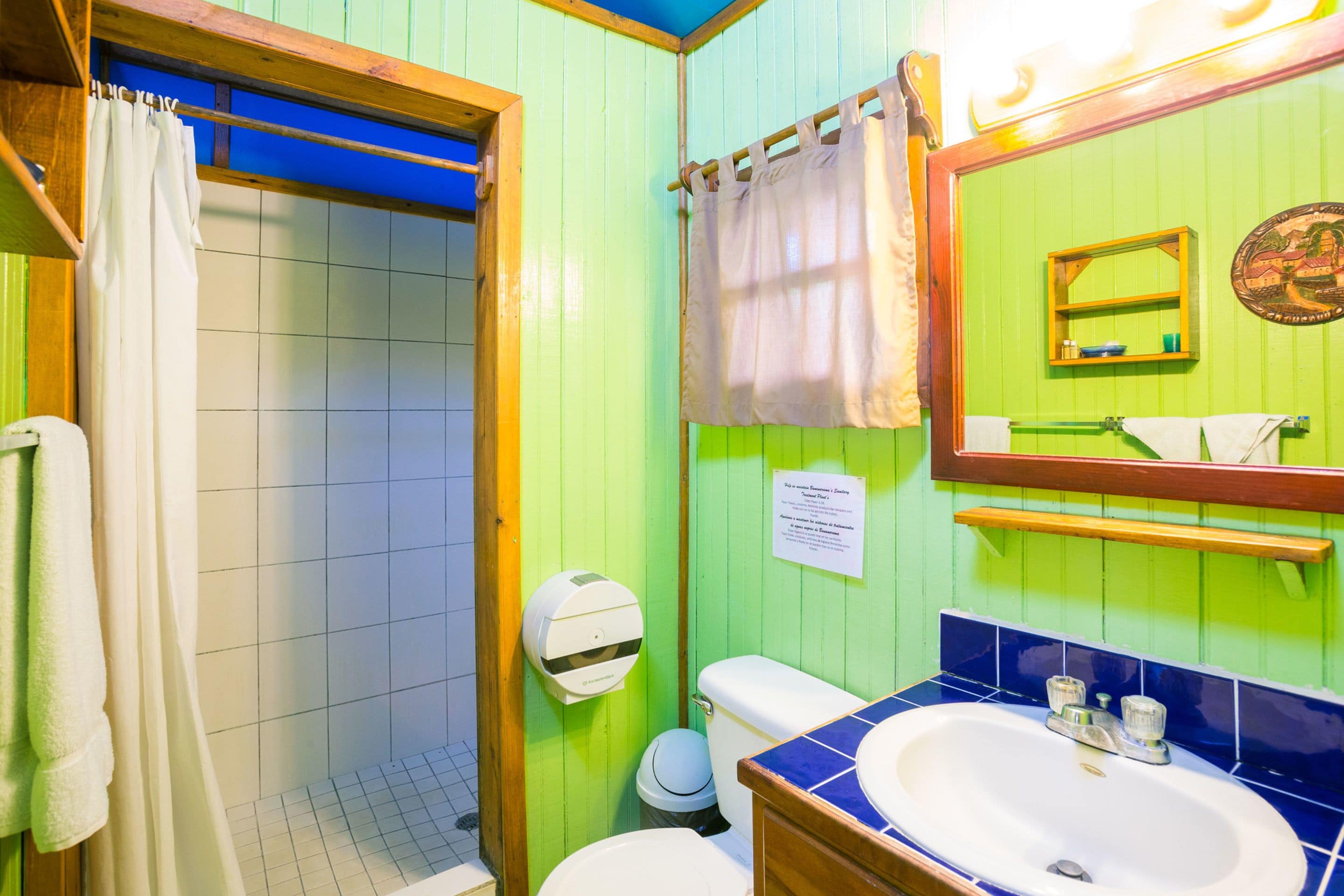 A bathroom with a shower, toilet, sink, and a mirror.