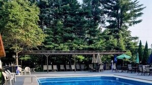 A rectangular swimming pool with a metal ladder, surrounded by lounge chairs and umbrellas, with trees in the background. - The Jay Village Inn (North Troy)
