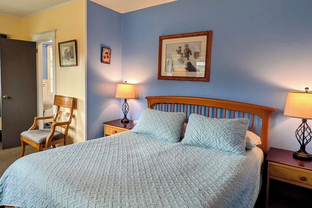 A bedroom with a large bed, two bedside tables with lamps, a chair, and a door.