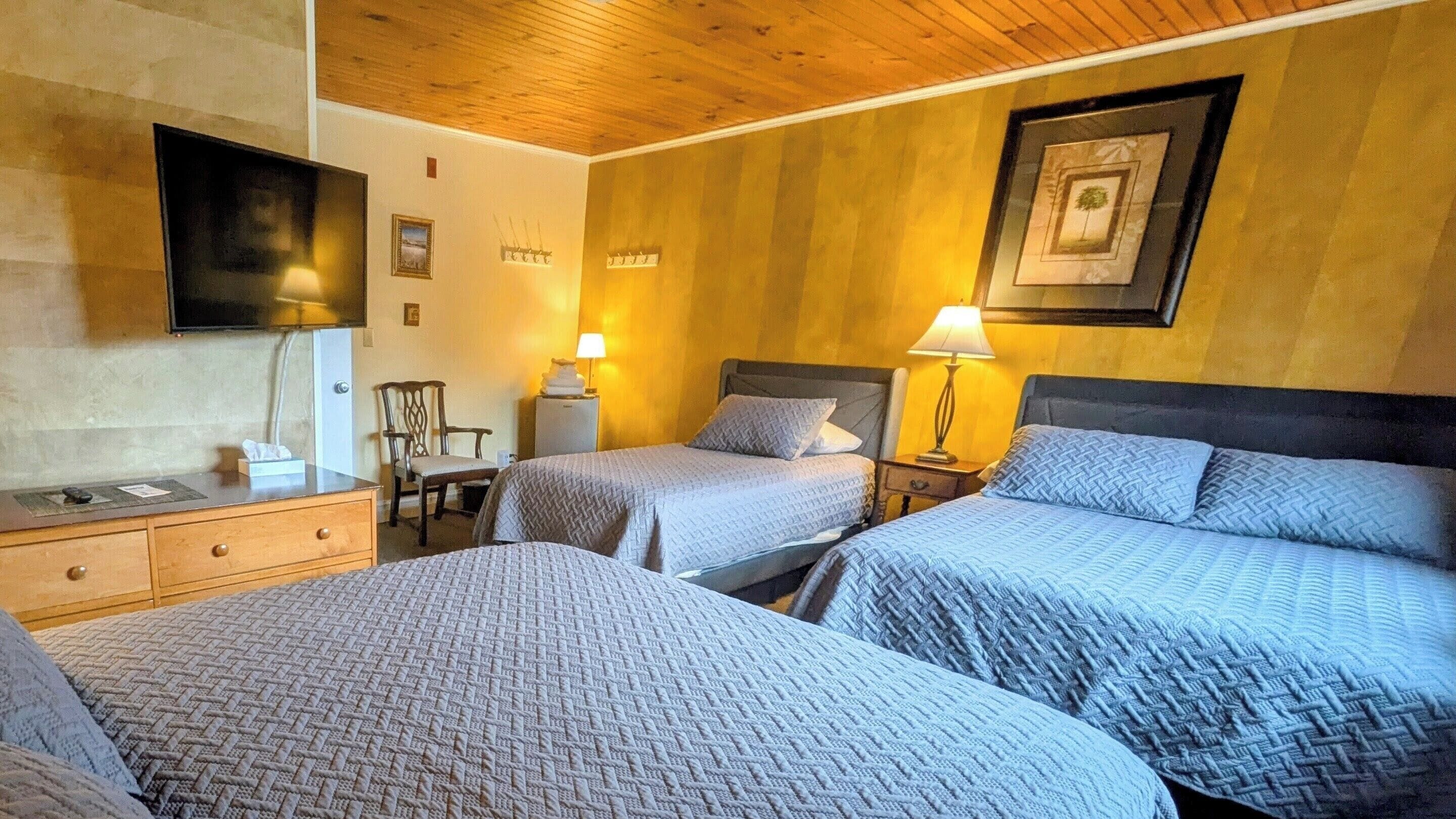 Habitación de hotel con dos camas, televisión, escritorio y una silla.