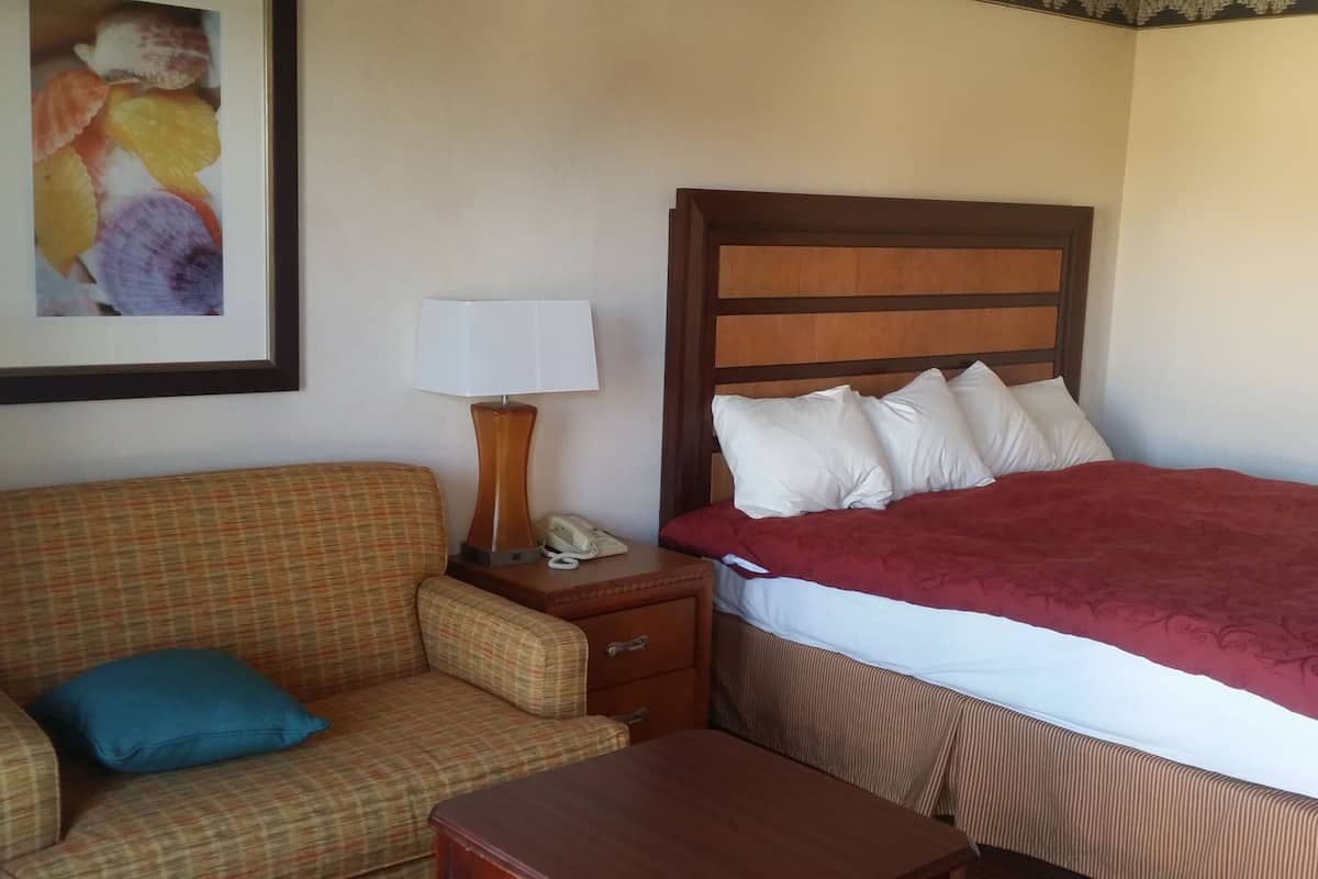 Ein Hotelzimmer mit einem Bett, einem Nachttisch mit Lampe und Telefon, einer karierten Couch mit blauem Kissen und einem gerahmten Bild an der Wand.