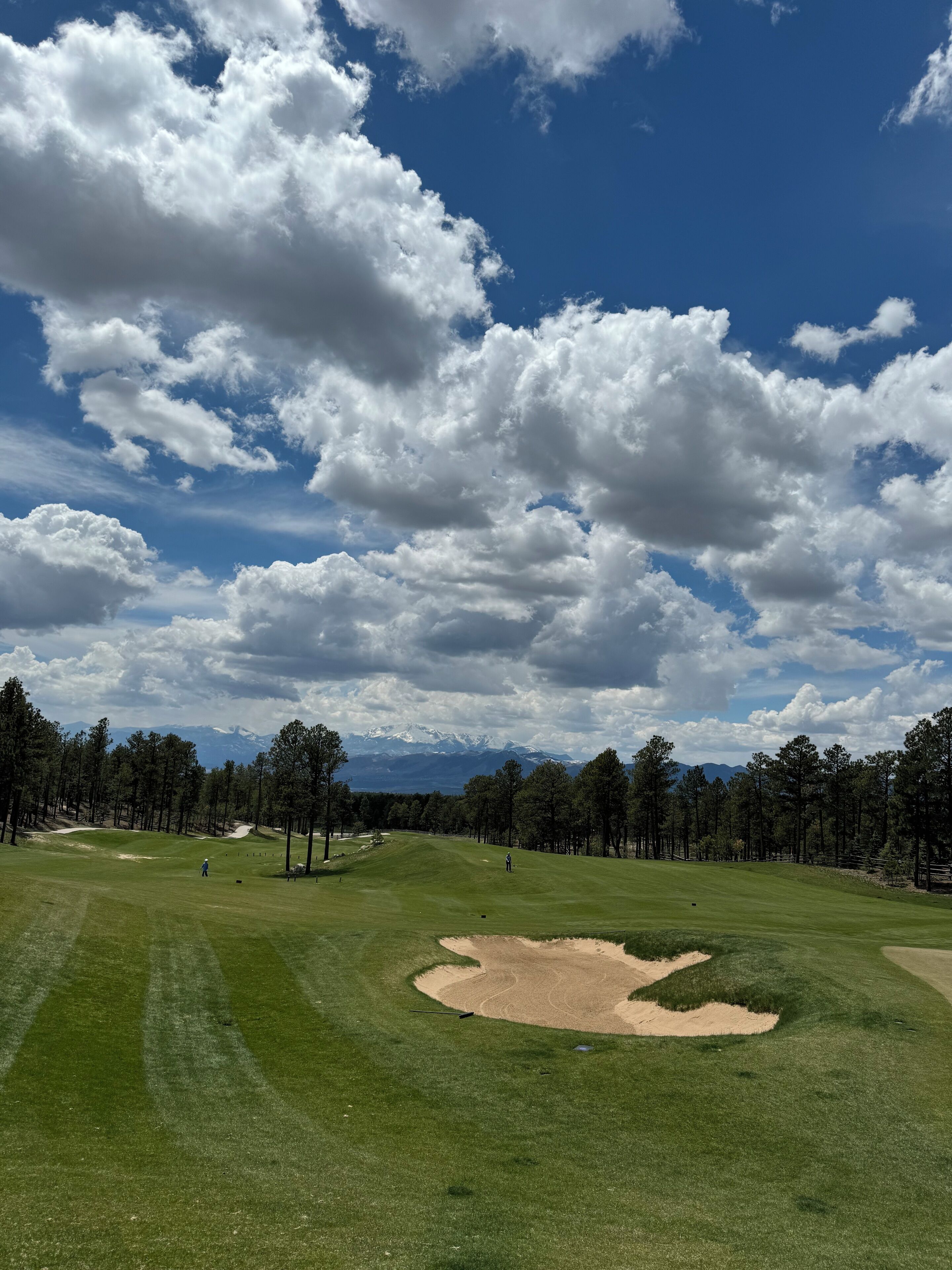 Un campo de golf con cielo despejado, árboles y montañas a lo lejos.