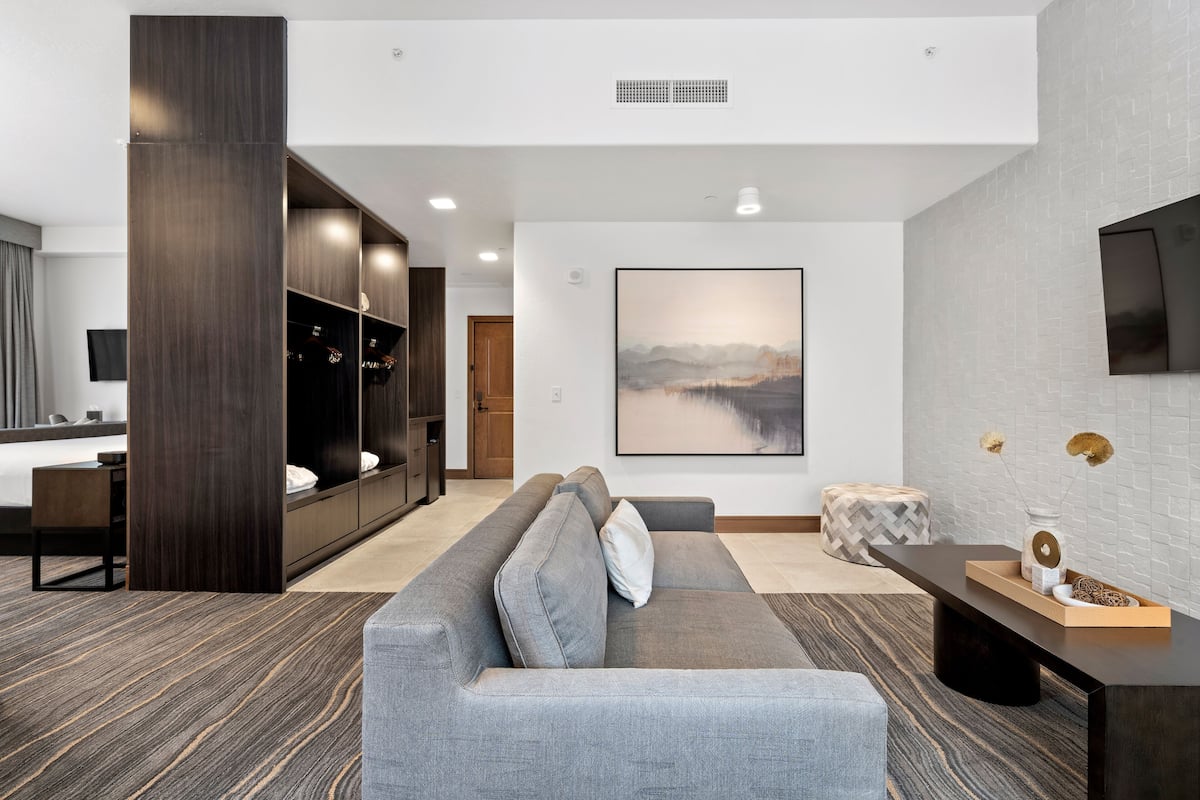 Een moderne woonkamer met een grijze bank, een houten kast, een flatscreen televisie en een groot abstract schilderij aan de muur.