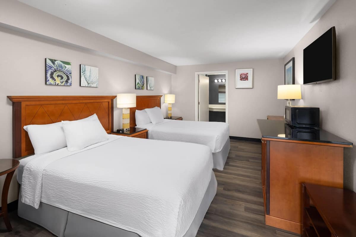 Room, 2 Double Beds, Non Smoking | Desk, iron/ironing board (on request), bed sheets