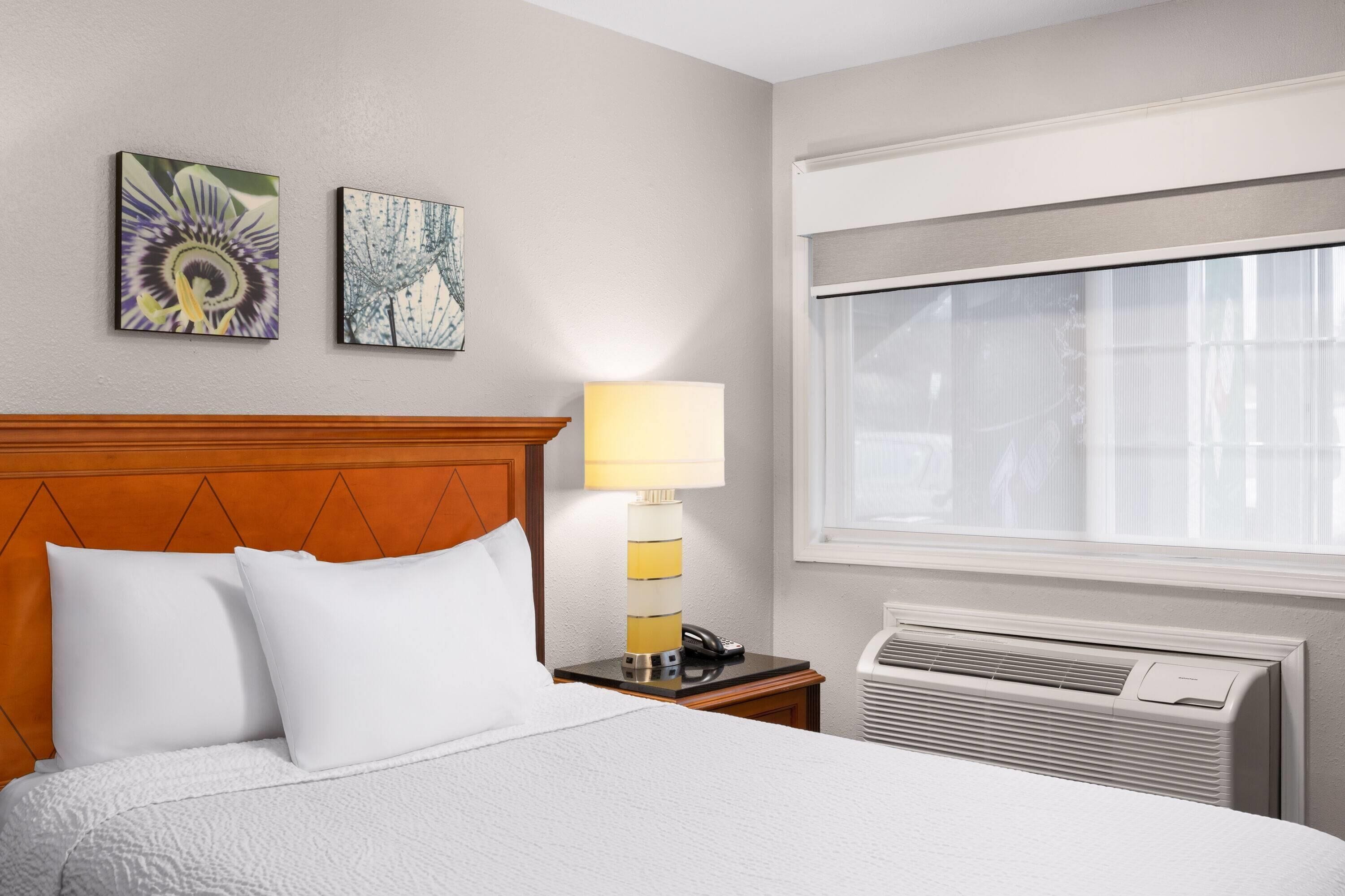 Une chambre d’hôtel comprenant un lit, deux œuvres d’art accrochées au mur, une lampe de chevet, un téléphone et une fenêtre avec des stores.