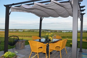Un patio exterior con mesa y sillas, con vistas a un viñedo y un lago.