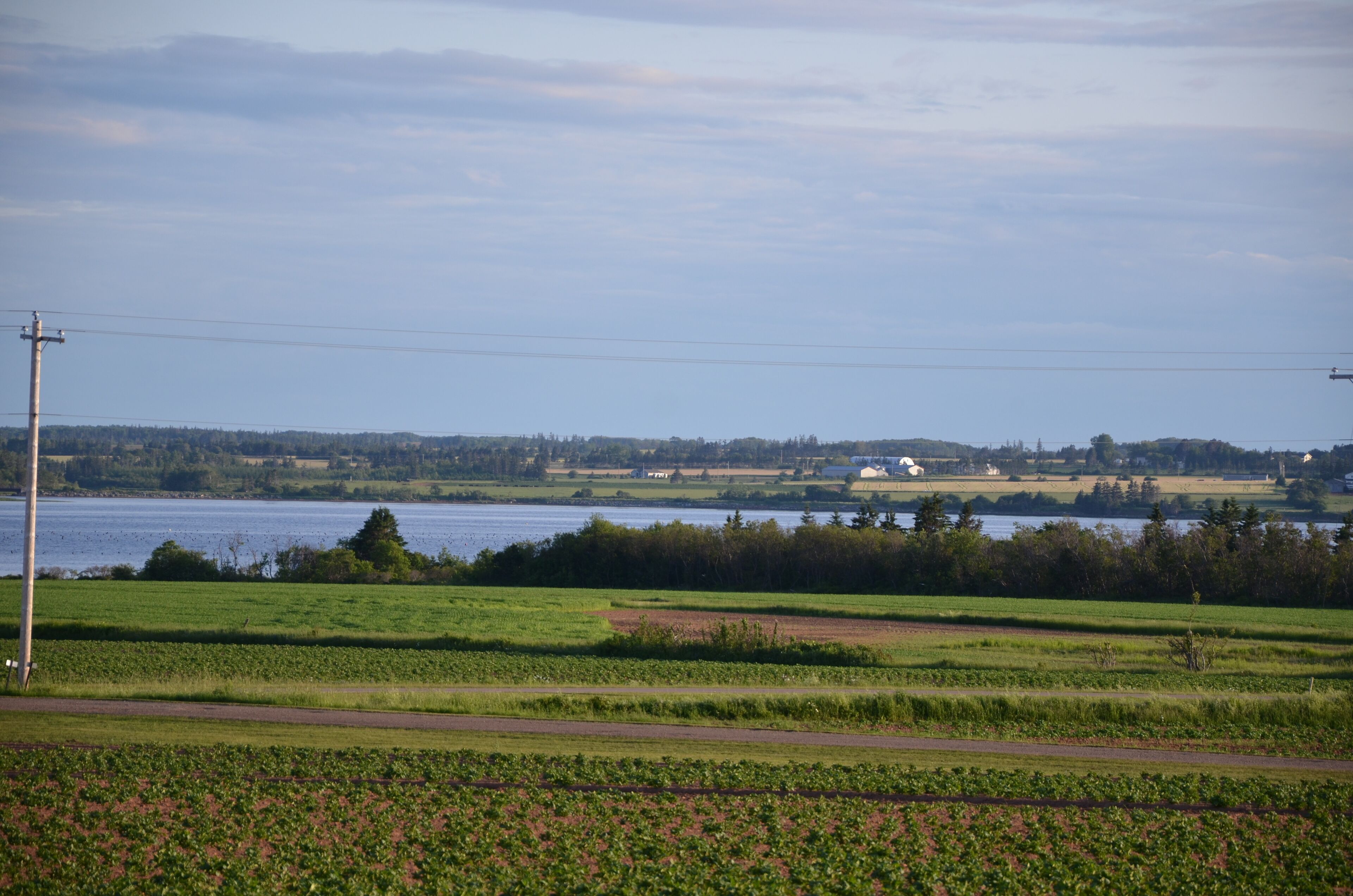Un paysage rural avec des champs, une étendue d’eau et quelques bâtiments visibles au loin.