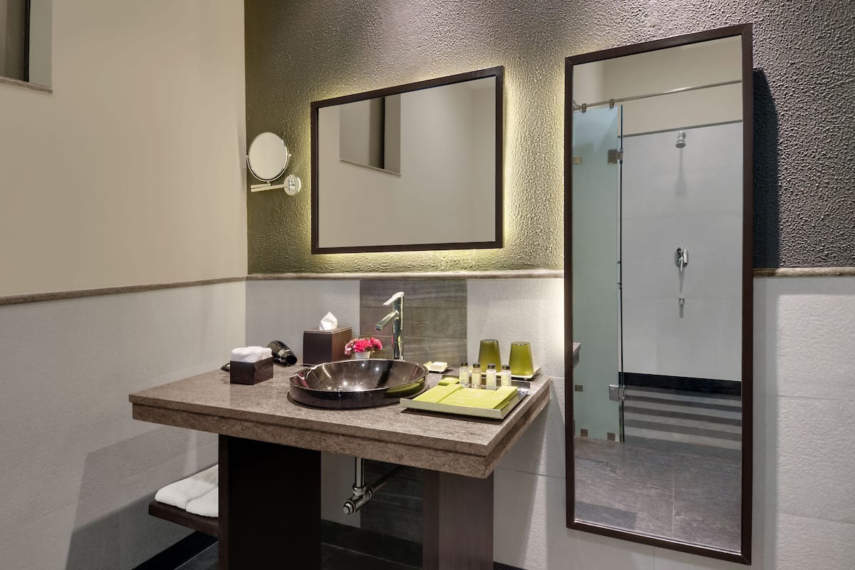 shower, designer toiletries, hair dryer, bathrobes