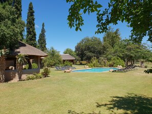 A pool area with lounge chairs, a thatched-roof building, and surrounding greenery.