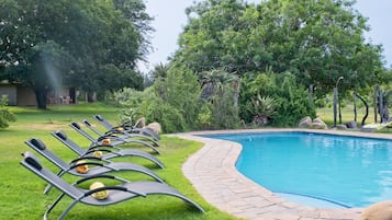Alberca al aire libre y camastros