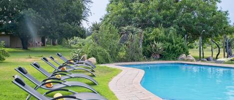 Alberca al aire libre y camastros