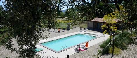 Ein rechteckiger Pool mit Liegestühlen und Sonnenschirmen, umgeben von Kies und Bäumen.