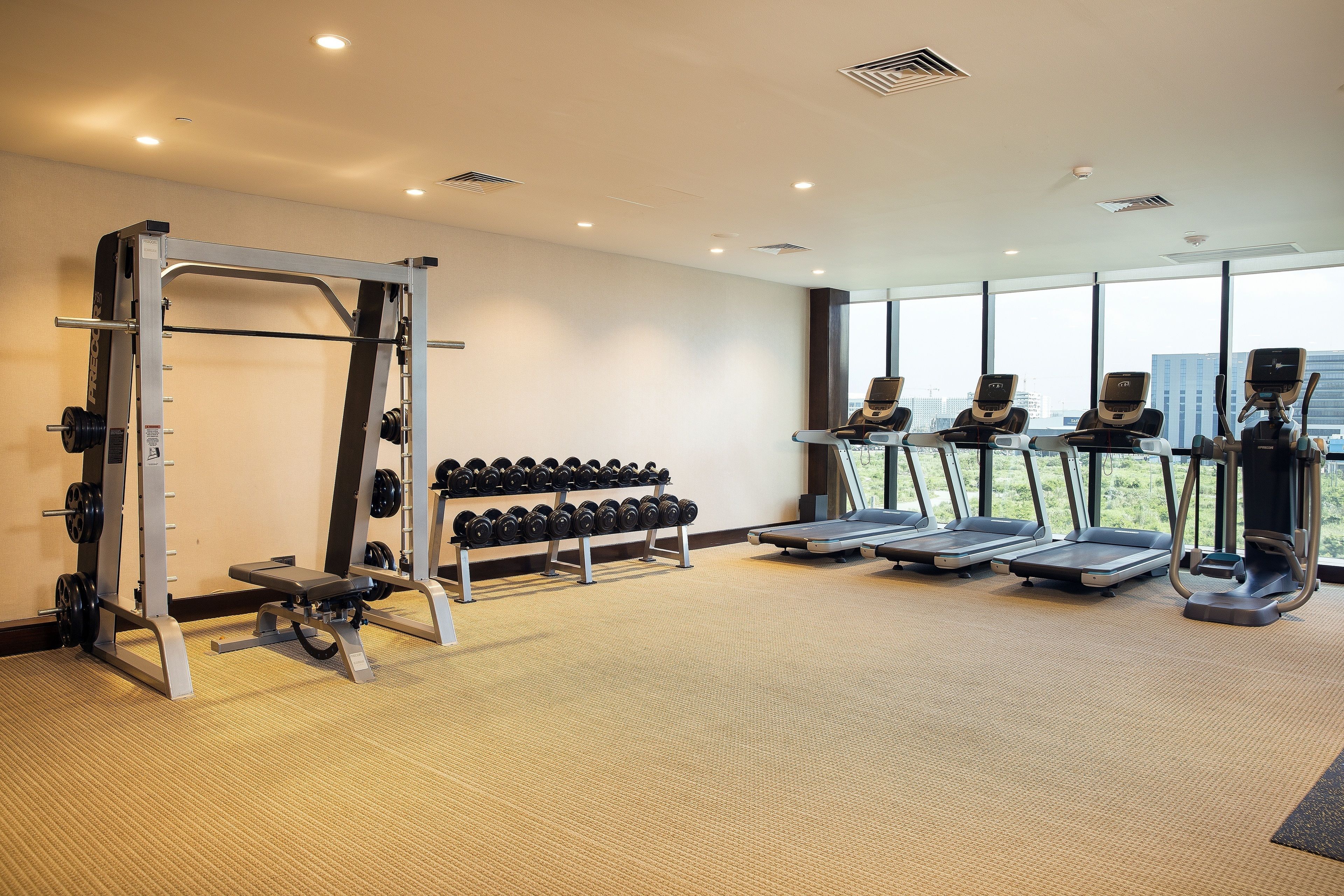 A gym with weightlifting equipment, treadmills, and dumbbells.