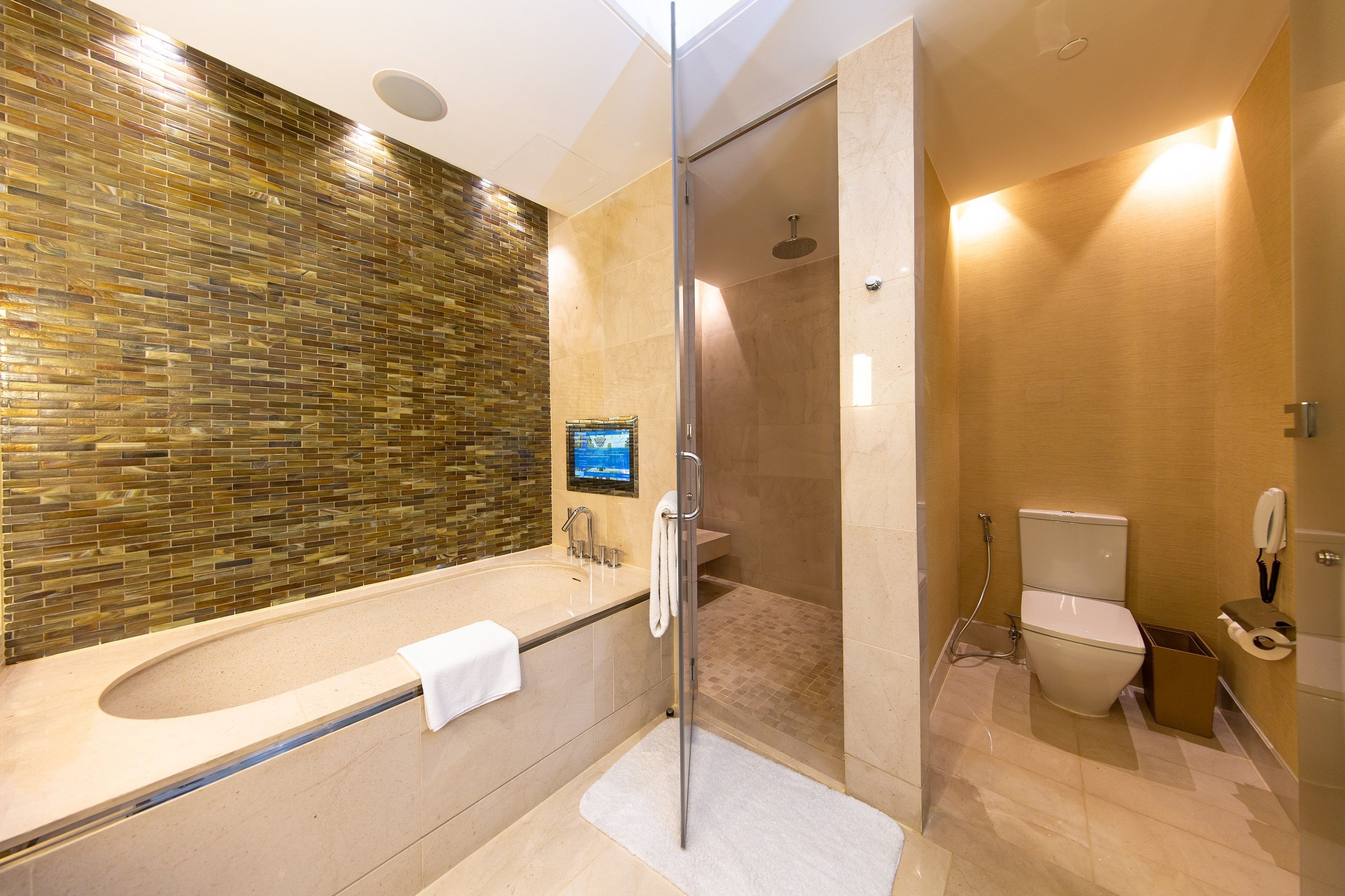 Une salle de bain moderne avec une douche à parois de verre, une baignoire sur pieds et des toilettes.