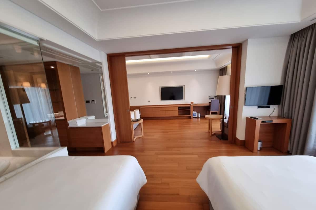 Habitación de hotel con dos camas, televisión, escritorio y espejo.