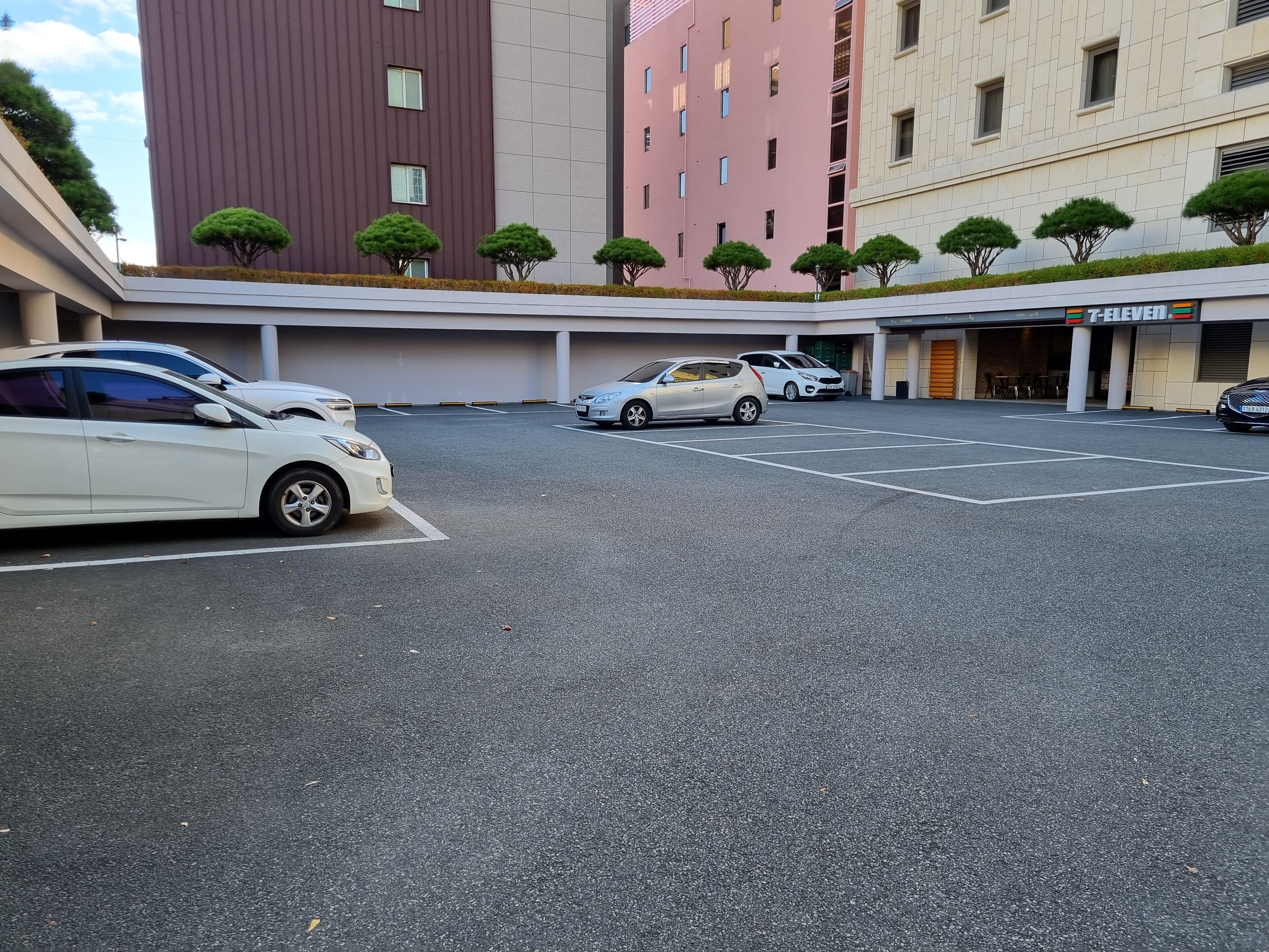 A parking area with several cars, a building with a T-Eleven sign, and neatly trimmed trees on the roof.