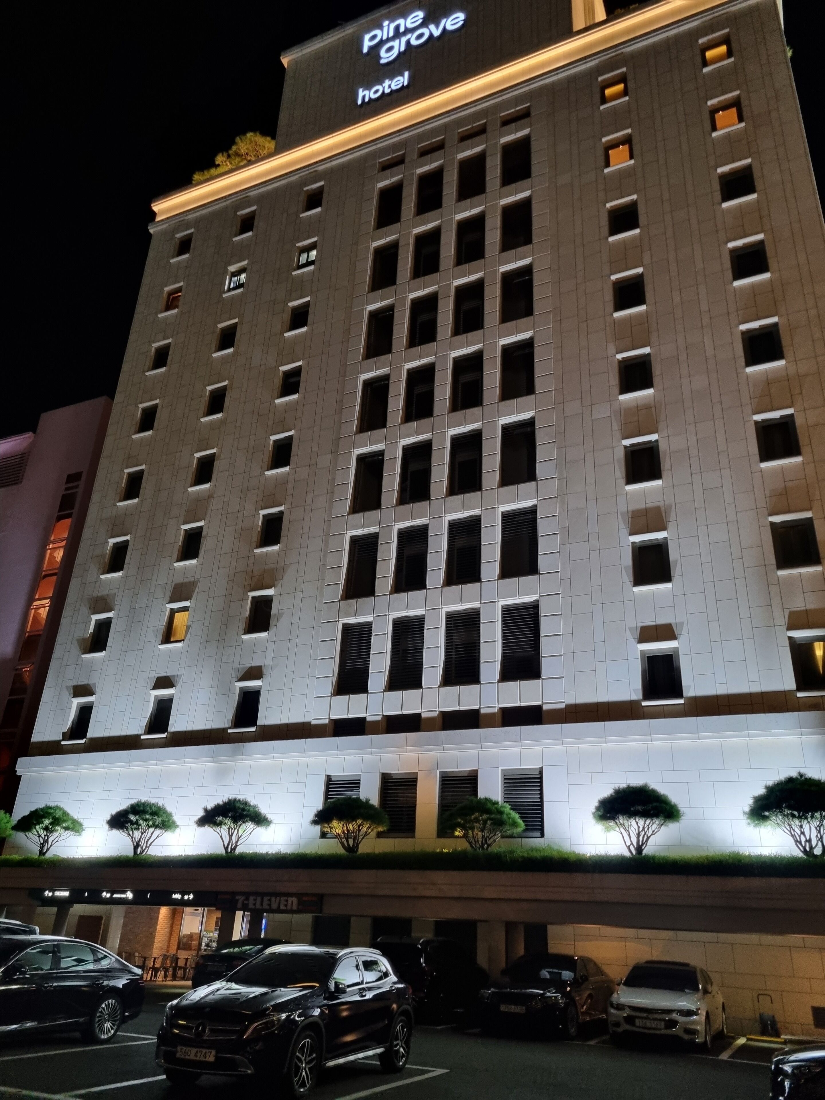 A tall hotel building with a sign reading "Pine Grove Hotel."