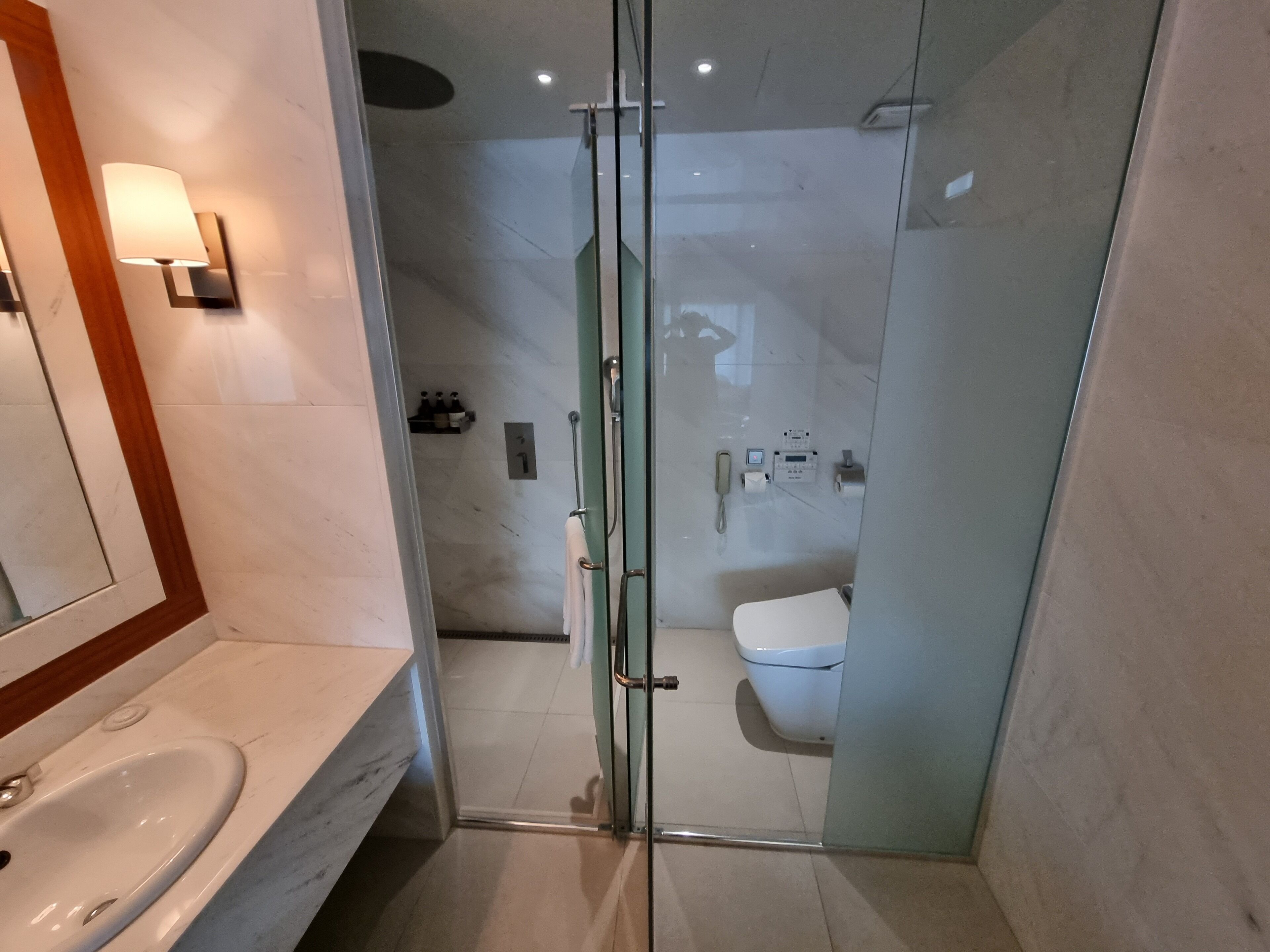 A modern bathroom with a glass-enclosed shower, a white sink, and a toilet.