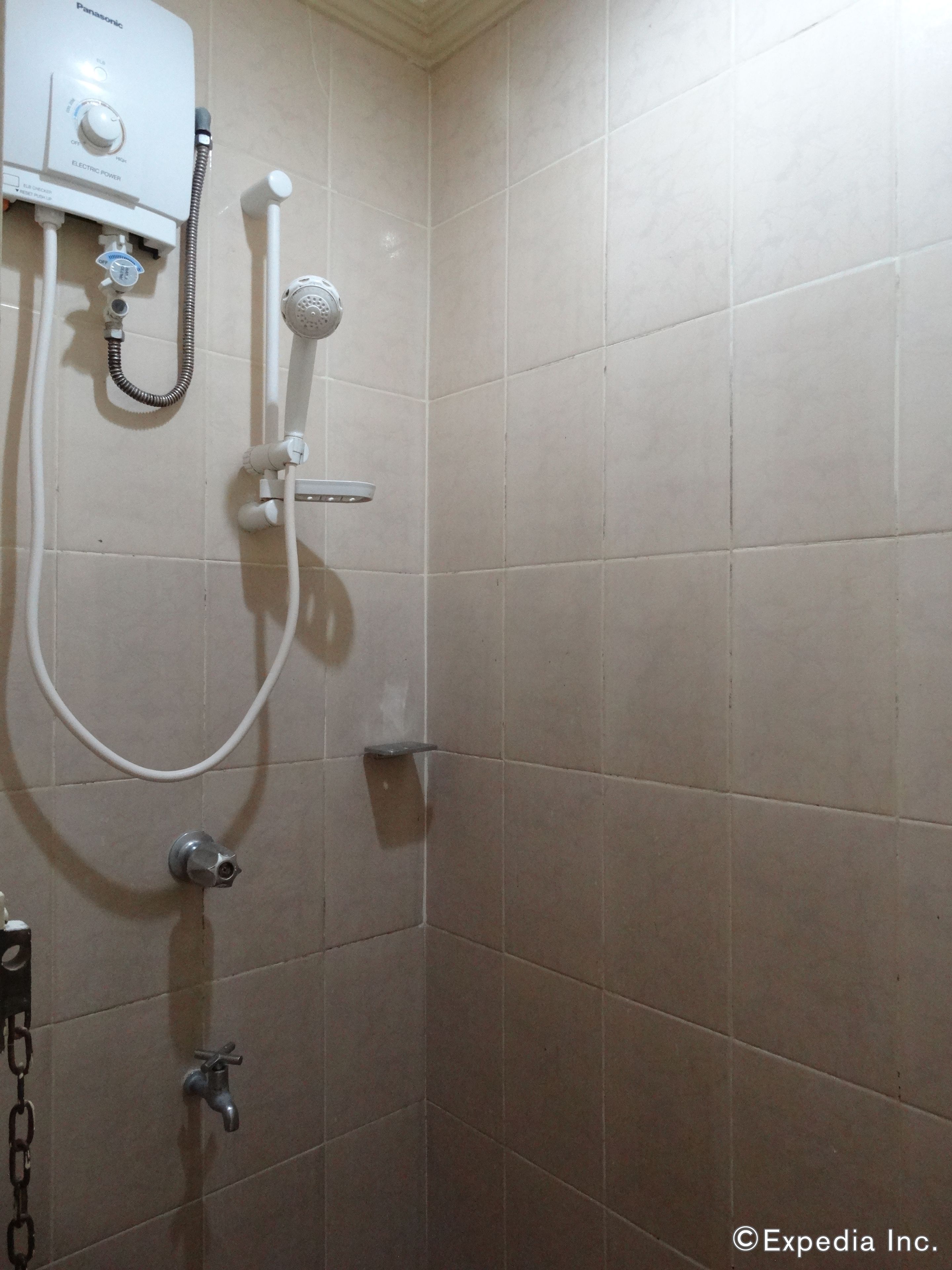 A bathroom with a white electric shower, a handheld showerhead, and a wall-mounted faucet.