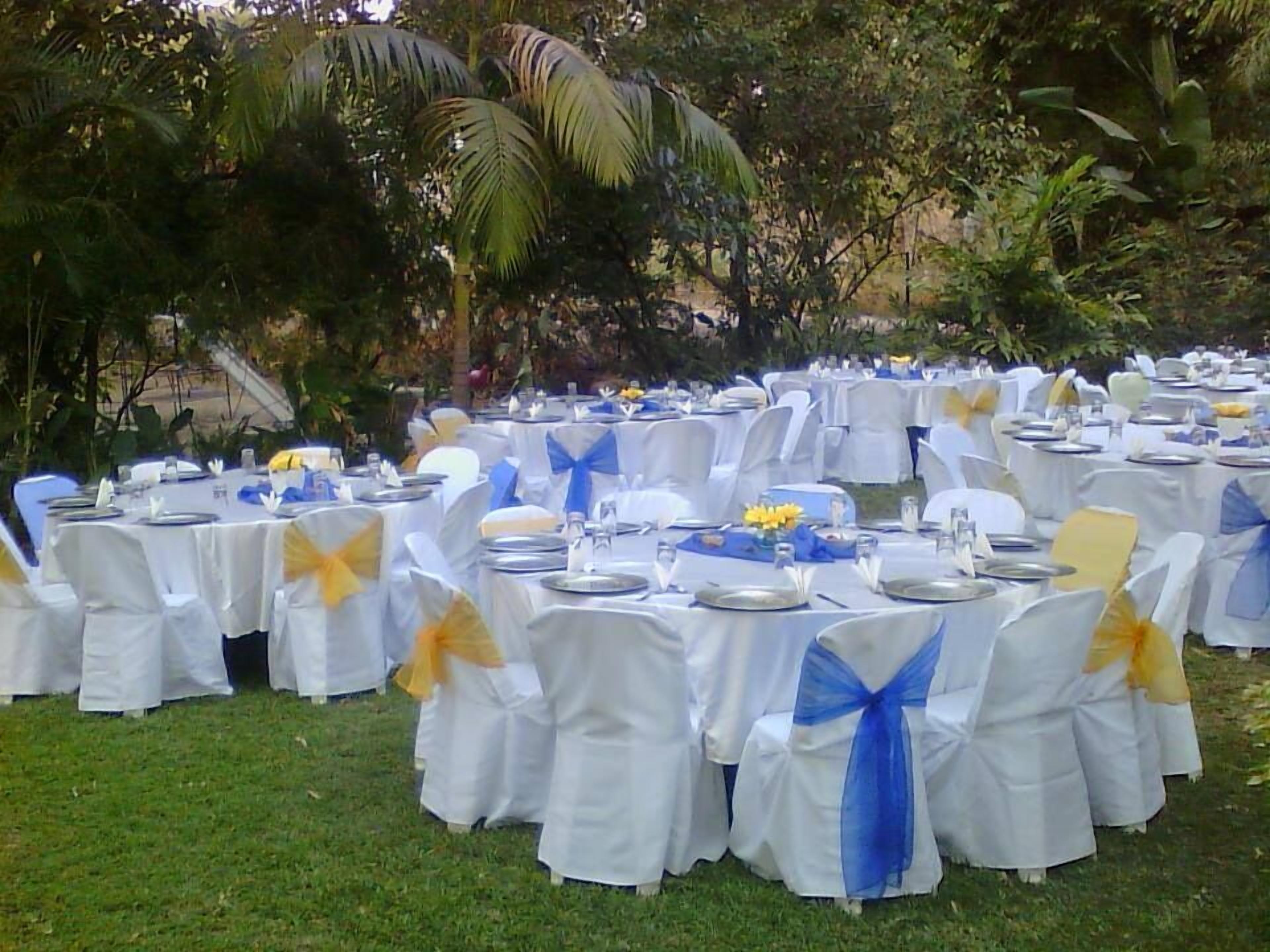 An outdoor event setup with tables covered in white tablecloths and chairs with blue and yellow sashes.