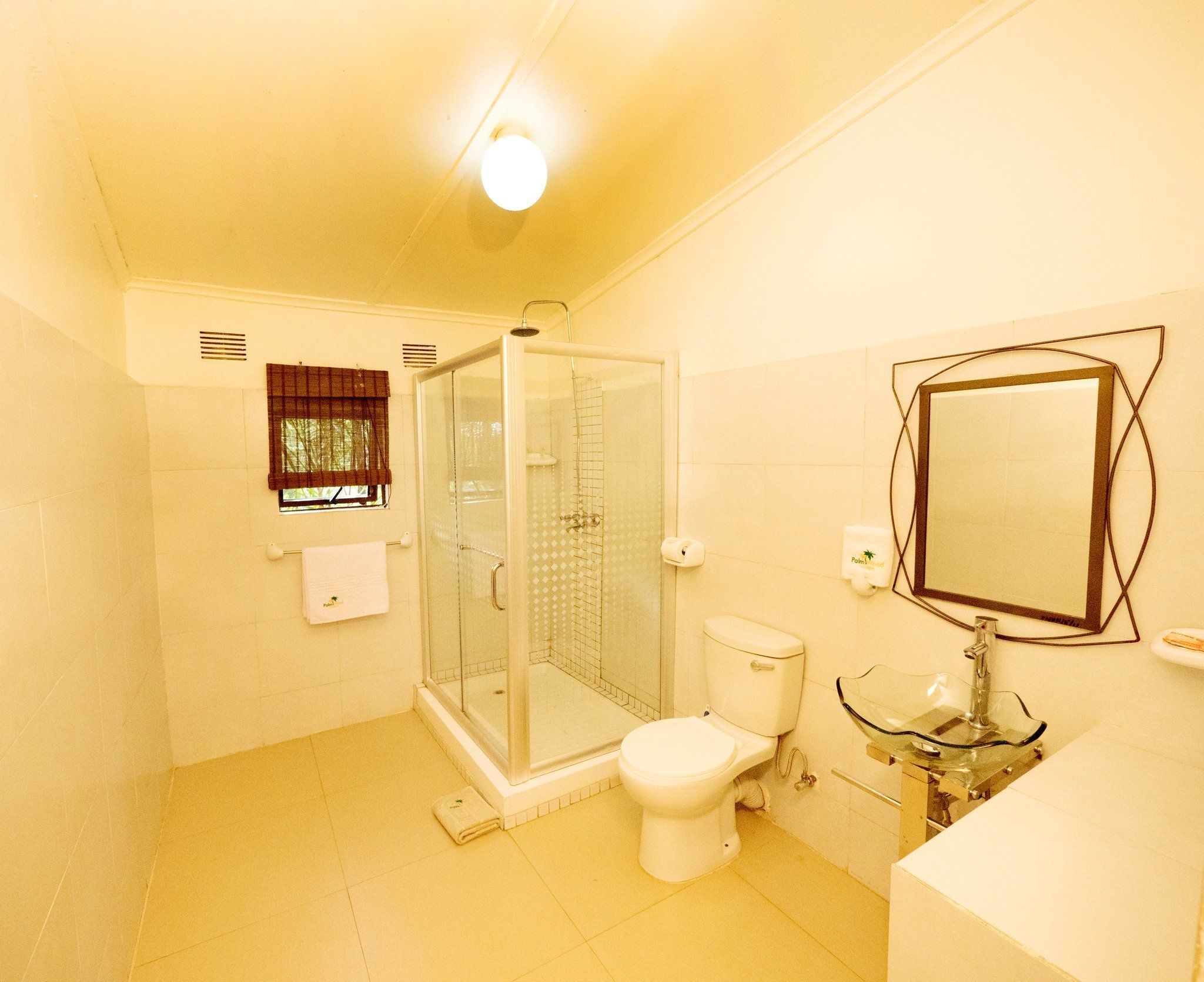 A bathroom with a glass-enclosed shower, a toilet, and a glass sink with a mirror.