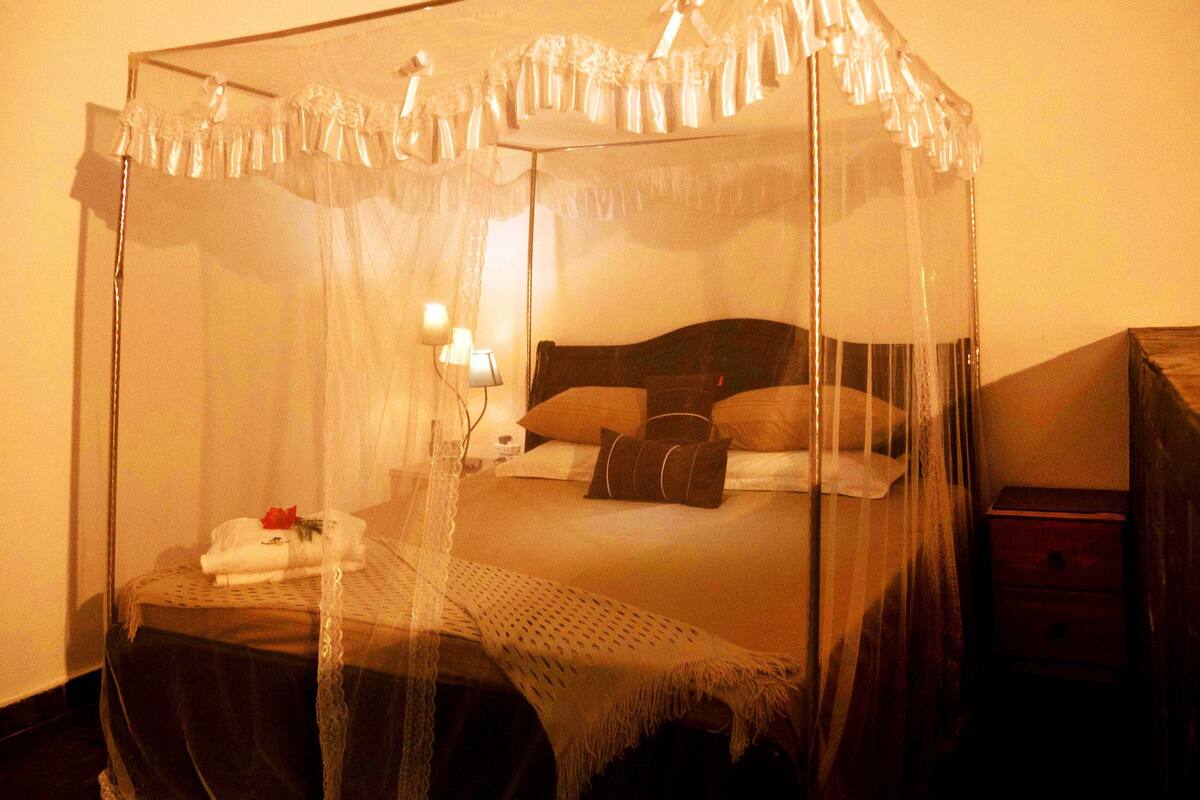 A four-poster canopy bed with a dark headboard, white linens, and a bedside table with a lamp.