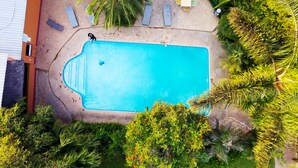 A rectangular swimming pool surrounded by a stone deck, with lounge chairs and a table. - Palmwood Lodge (Lusaka)