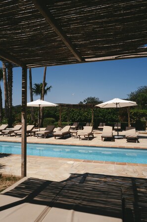 A poolside area with lounge chairs and umbrellas, surrounded by palm trees and a clear sky. - Can Arabi Adults Only (Santa Eulalia del Rio)