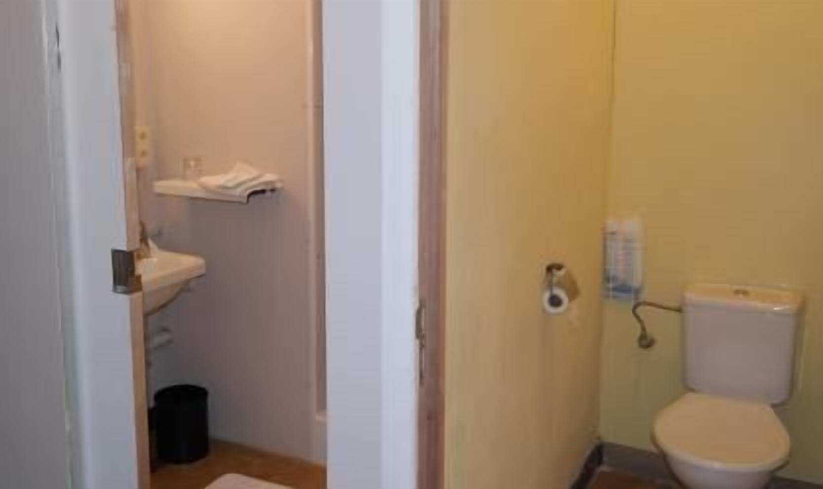 Un baño pequeño con inodoro, lavabo y perchero para toallas.