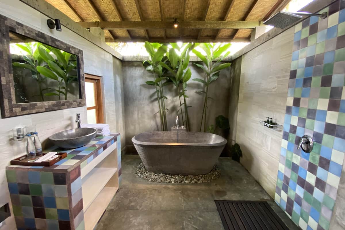 deluxe double room (2) | bathroom | combined shower/bathtub, hair dryer, towels