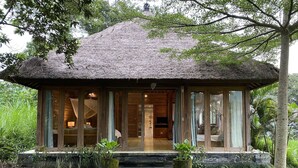 Une construction à toit de chaume, avec une façade en bois, une porte d’entrée en verre et un petit espace extérieur aménagé avec des plantes.