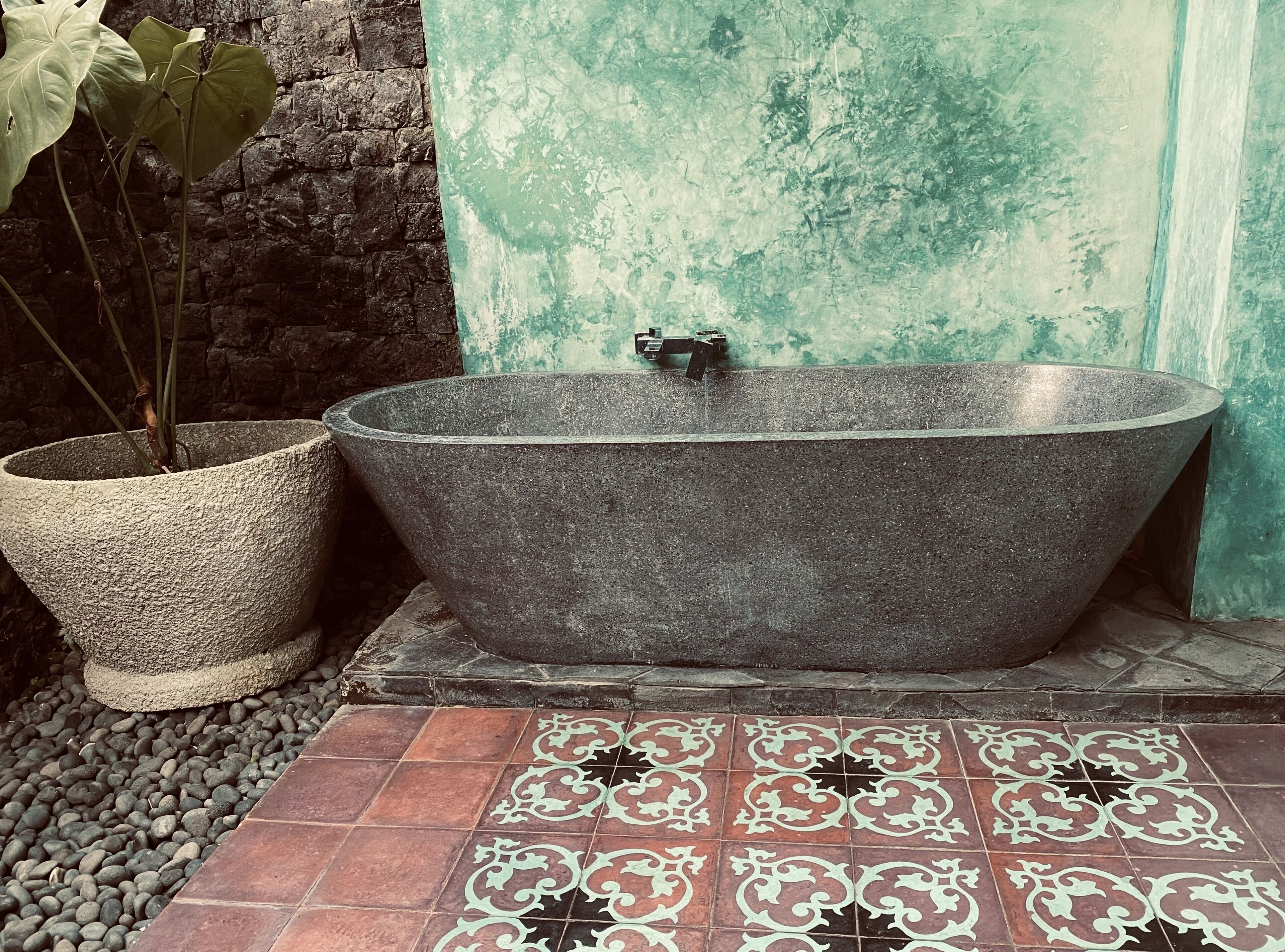 A freestanding bathtub in a stone basin, a potted plant, and a tiled floor with a decorative pattern.