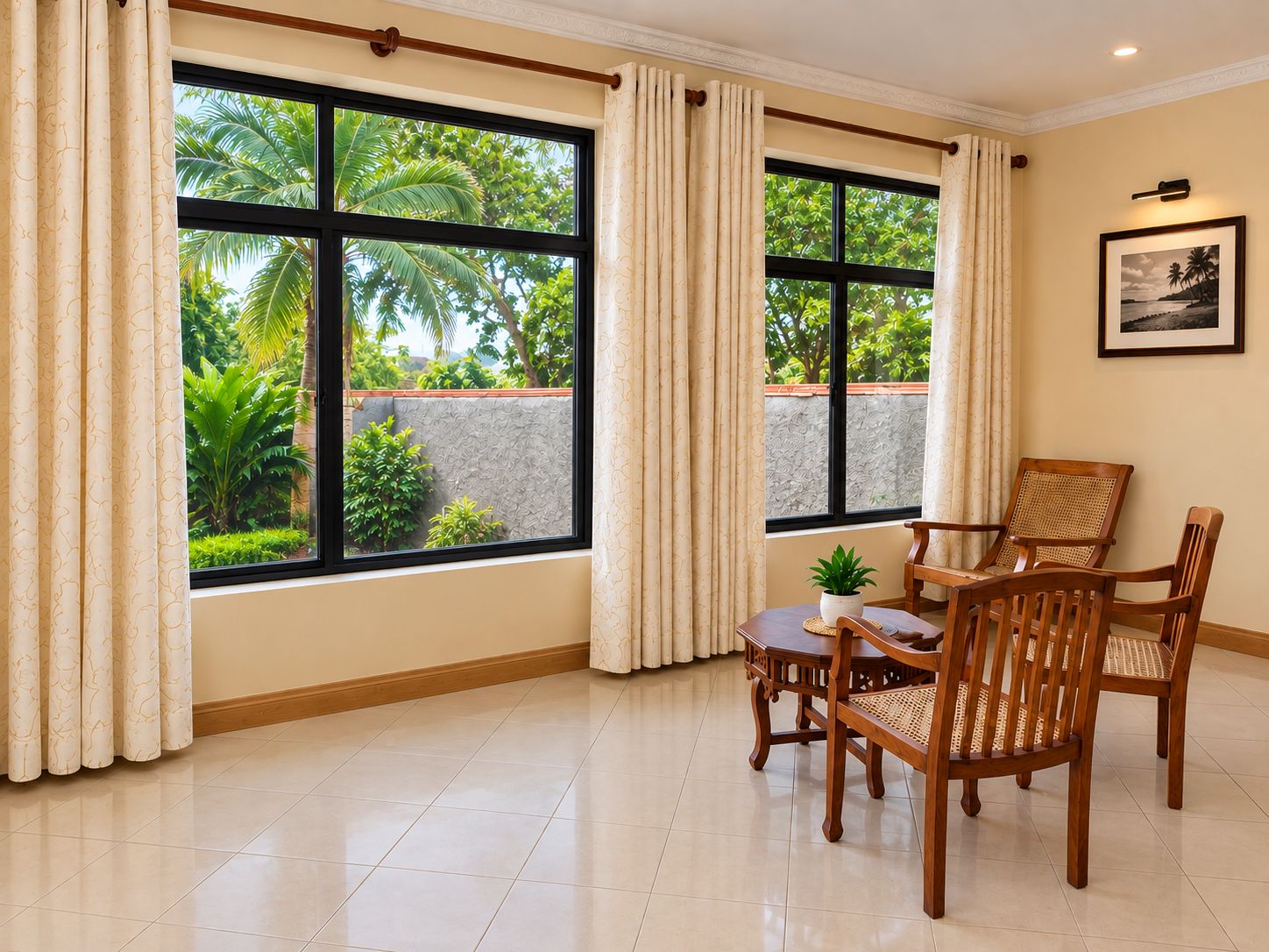 Una habitación con ventanas amplias, una mesa de comedor con sillas, una planta en maceta y un cuadro en la pared.