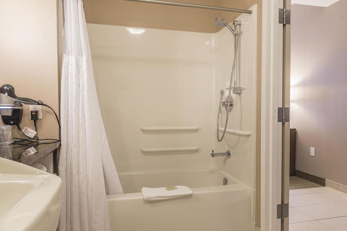 combined shower/bathtub, free toiletries, towels