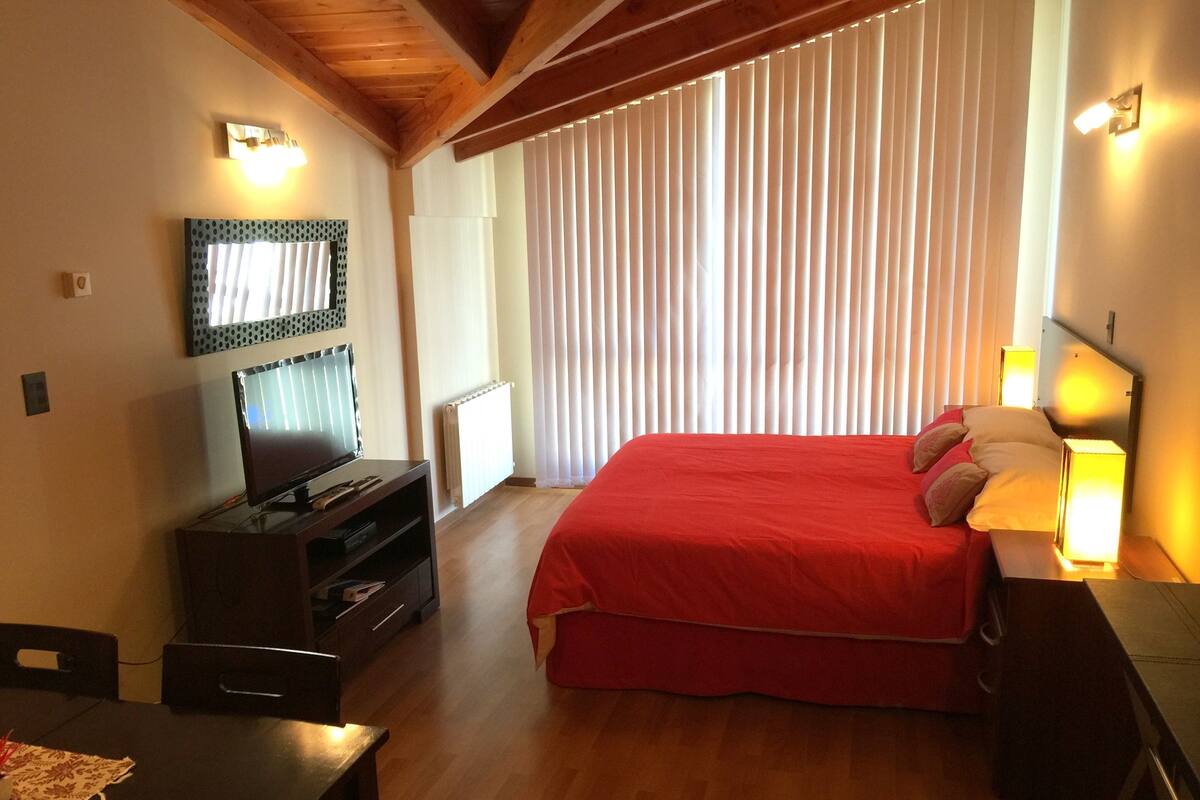 A bedroom with a bed, a TV, a desk, and a window with blinds.