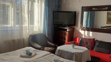A hotel room with a bed, a chair, a small table with a vase, a red sofa, a television, and a large mirror.