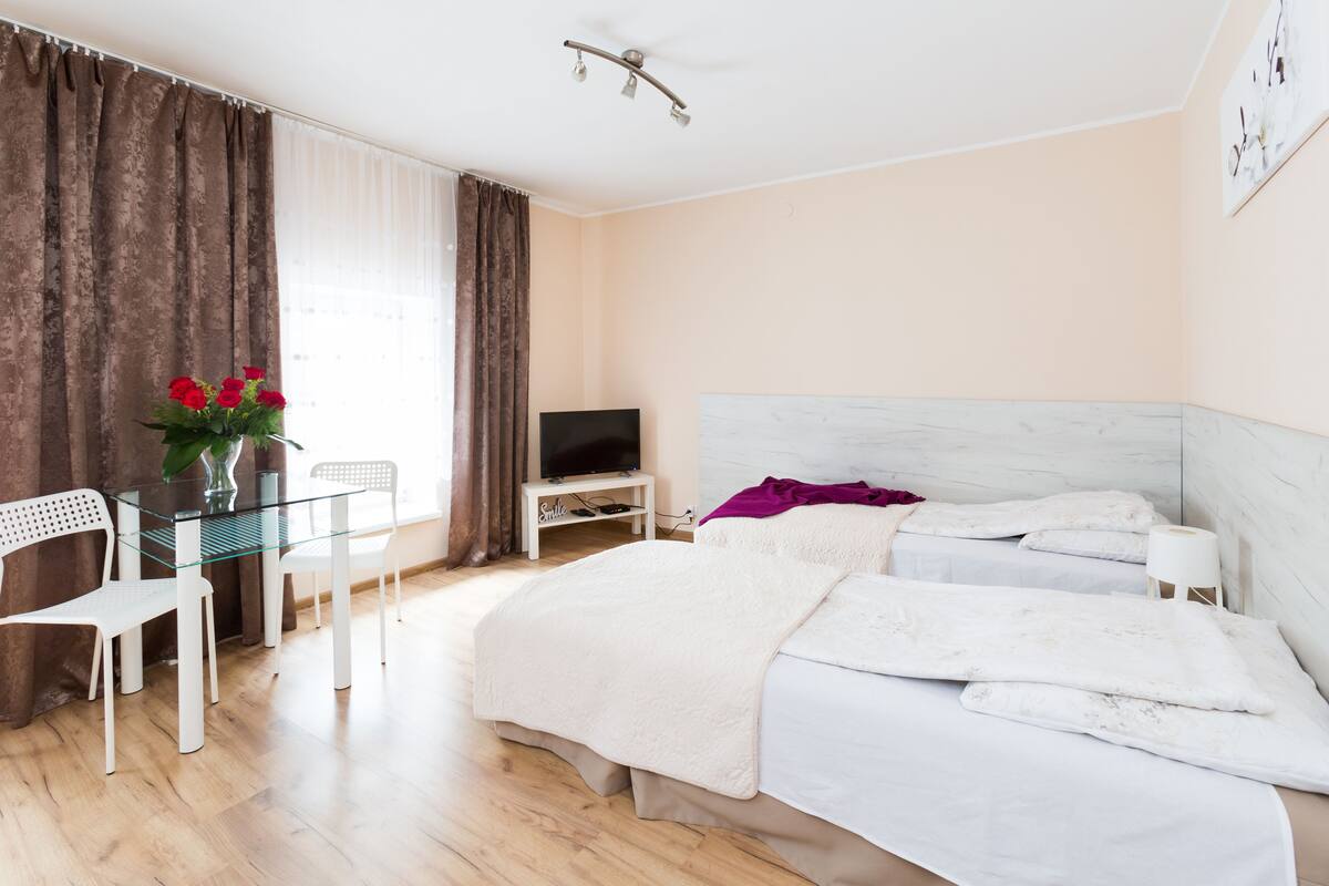 Habitación de hotel con cama, televisor, escritorio y silla, y un jarrón con flores.