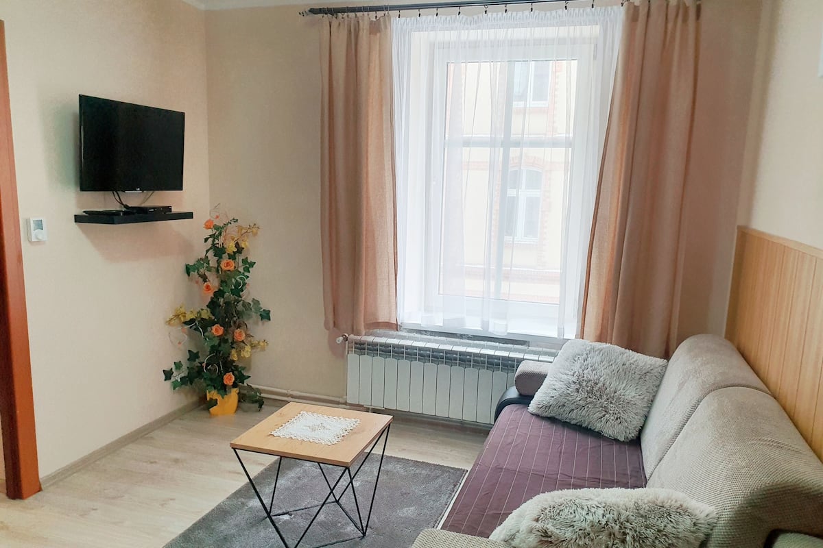 Una sala de estar con sofá, una mesita, televisor de pantalla plana montado en la pared, radiador y ventana con cortinas.