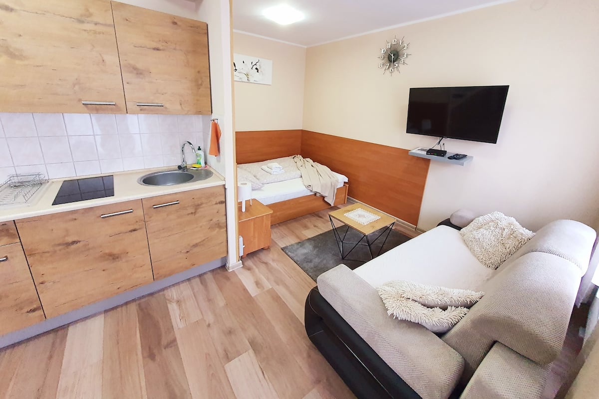 Habitación de hotel compacta con kitchenette, una cama con cabecera, un televisor montado en la pared y un sofá.