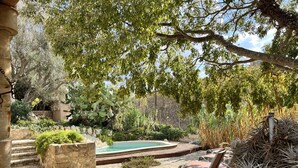 A pool area with stone steps leading to a pool, surrounded by lush greenery and a wooden deck. - Asis de Marratxinet (Marratxi)