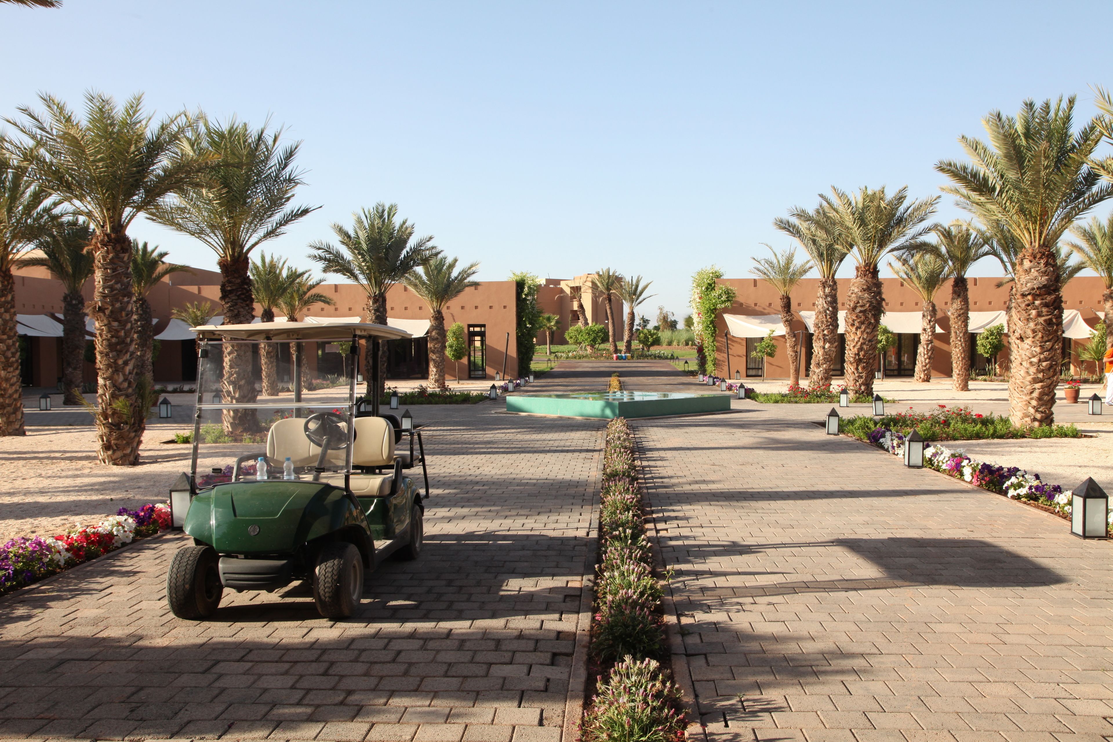 Een golftrolley geparkeerd op een geplaveid pad, omzoomd door palmbomen en bloembedden, dat leidt naar een gebouw met een overdekte doorgang.