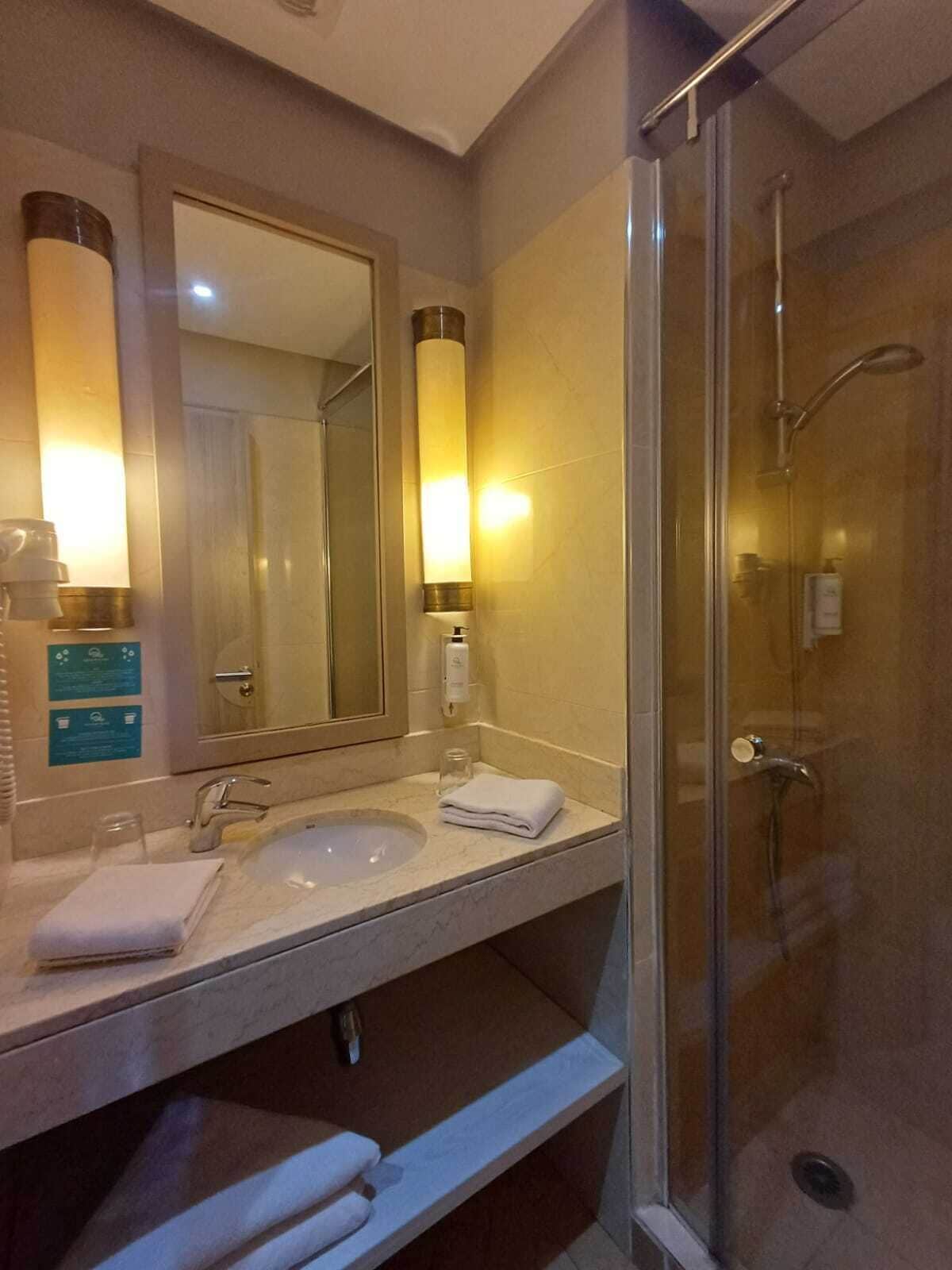 A hotel bathroom with a glass-enclosed shower, a sink, and a mirror.