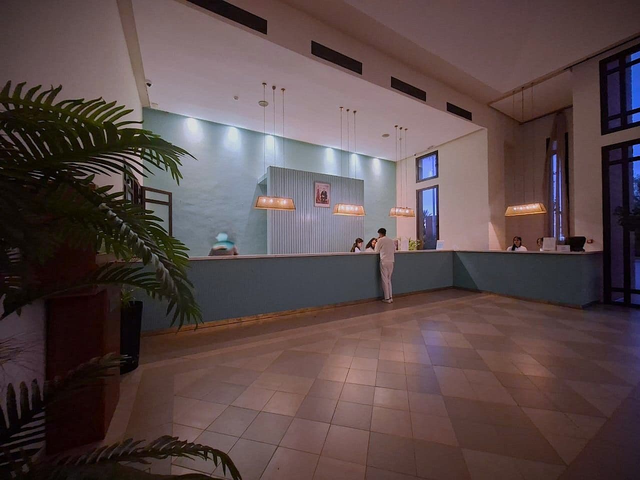 A spacious lobby with a reception desk, potted plants, and pendant lighting.