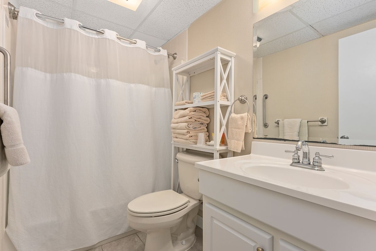 combined shower/bathtub, free toiletries, hair dryer, towels